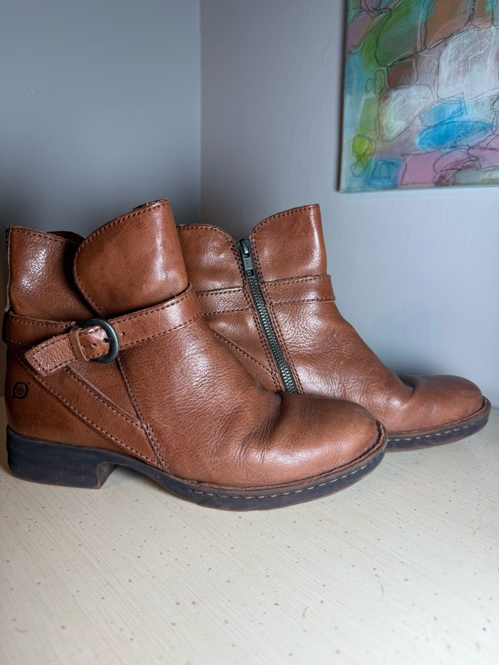 Born Crown Brown Leather Buckle Side Zip Ankle Boots Women’s 7